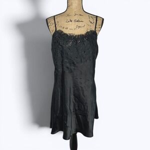 Vtg Ivy & Annabelle Black Satin Slip Dress Nightie Floral Lace Romantic 90s XL